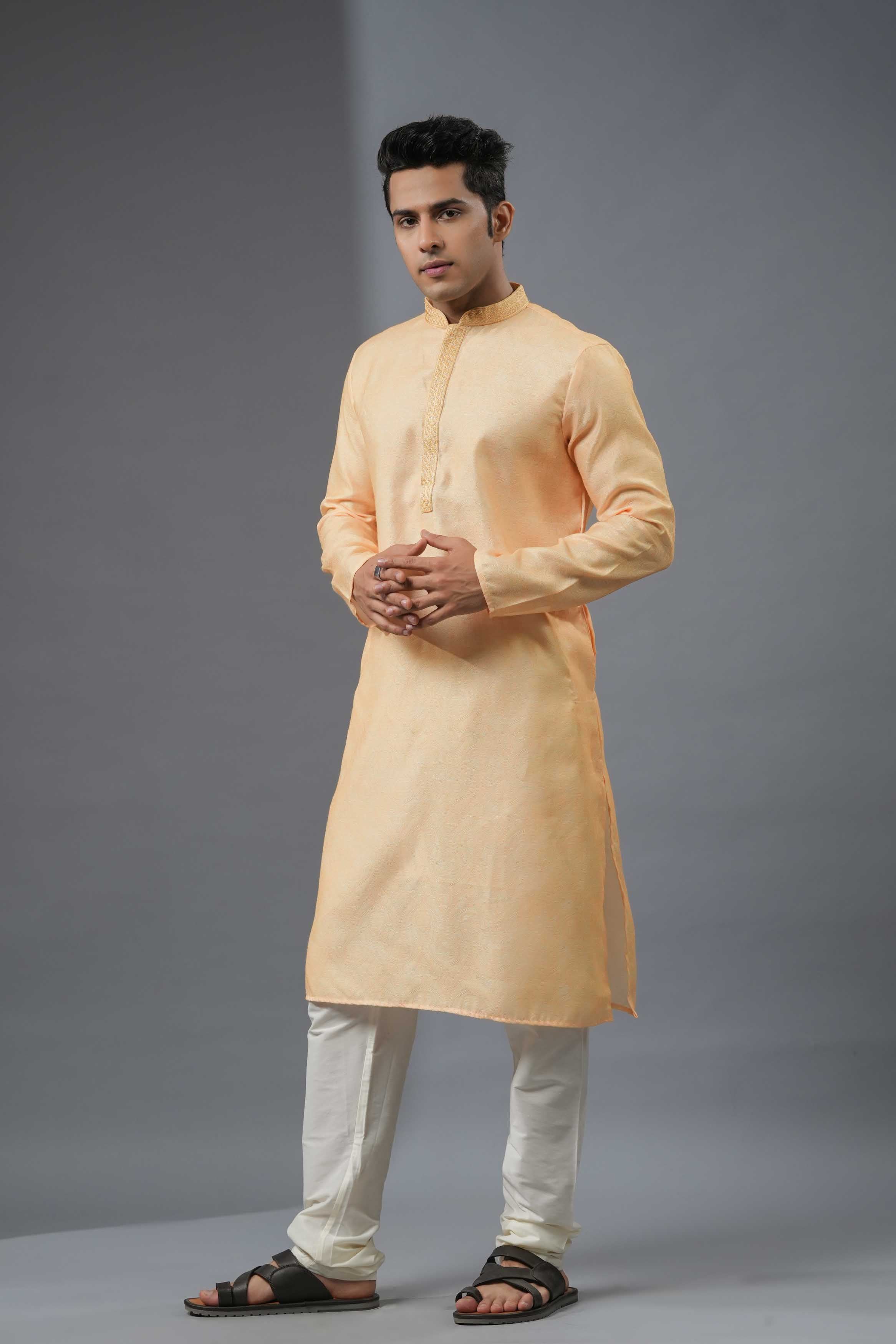 Yellow Jacquard Printed Kurta